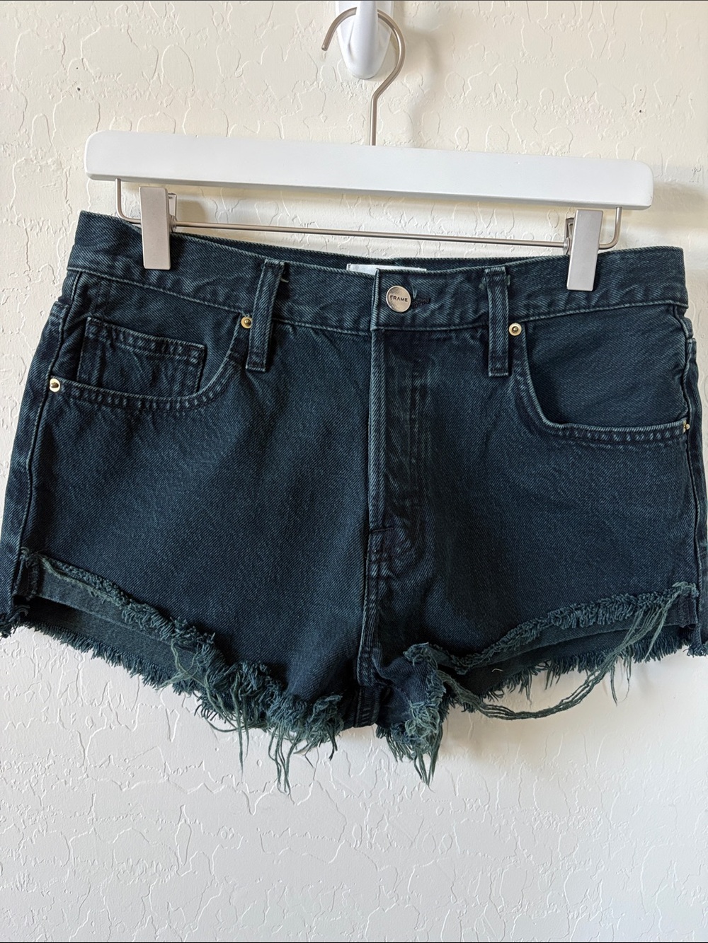 FRAME Button Fly Destroyed Frayed Jean Shorts sz 25 Blue Black